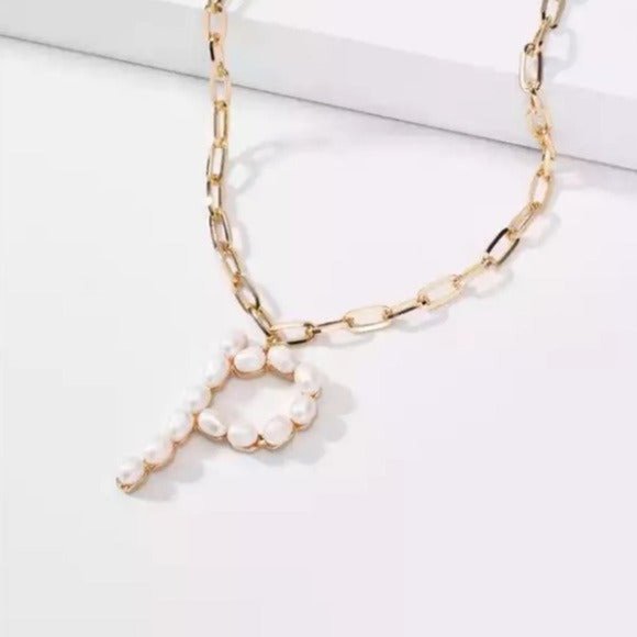Pearl P necklace gold chain bohemian monogram initial pearls boho personalized - Picture 7 of 7